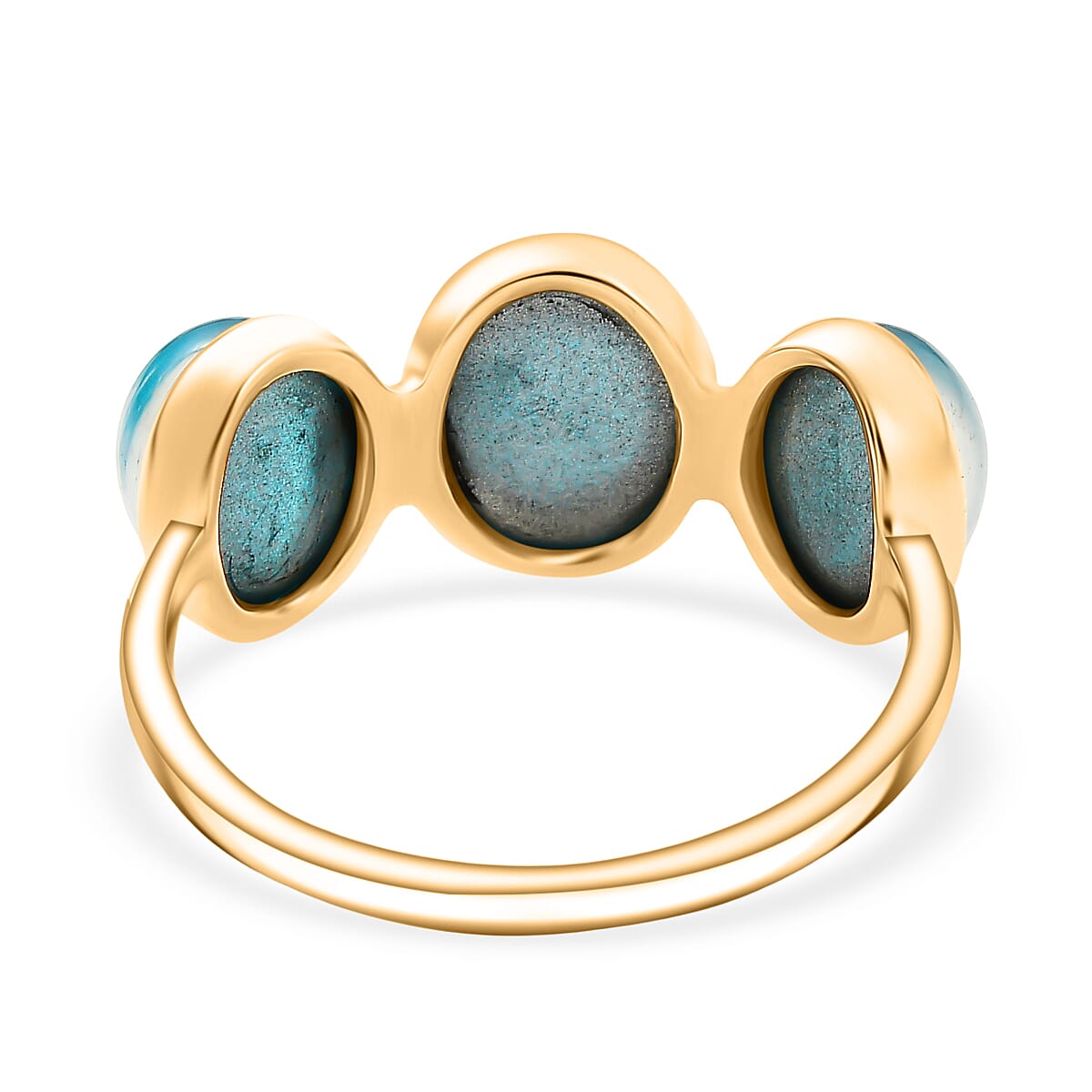 9K Yellow Gold AAA Paraiba Moonstone Oval 3 Stone Ring 4.55 Ct.