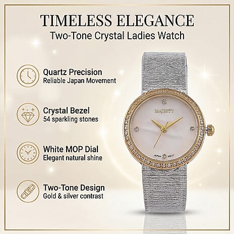 LOWEST EVER-MAJESTY Quartz 7T35 Japan Movement 3ATM WR White MOP - Crystal Dial - Two-Tone CZ Case Ladies Watch with Two-Tone Stainless Steel Strap