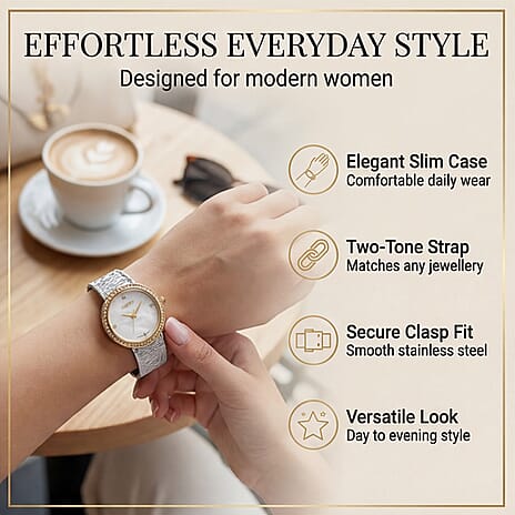 LOWEST EVER-MAJESTY Quartz 7T35 Japan Movement 3ATM WR White MOP - Crystal Dial - Two-Tone CZ Case Ladies Watch with Two-Tone Stainless Steel Strap