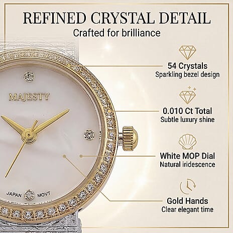 LOWEST EVER-MAJESTY Quartz 7T35 Japan Movement 3ATM WR White MOP - Crystal Dial - Two-Tone CZ Case Ladies Watch with Two-Tone Stainless Steel Strap