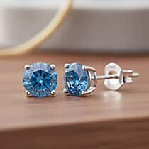 Luxuriant Lab Grown Blue Diamond (VS) Earring with Push Post in Rhodium Overlay Sterling Silver 1.00 Ct.