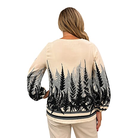 - Maisi V-Neck Printed Casual Balloon Sleeve Top (Size - M) - Black