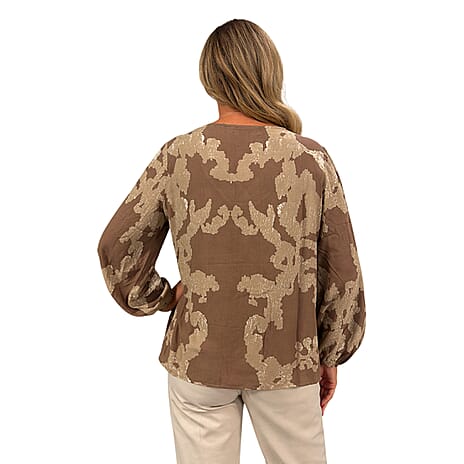 - Maisi V-Neck Printed Casual Balloon Sleeve Top (Size - M) - Brown