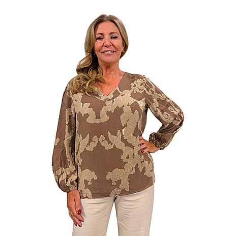 - Maisi V-Neck Printed Casual Balloon Sleeve Top (Size - XL) - Brown