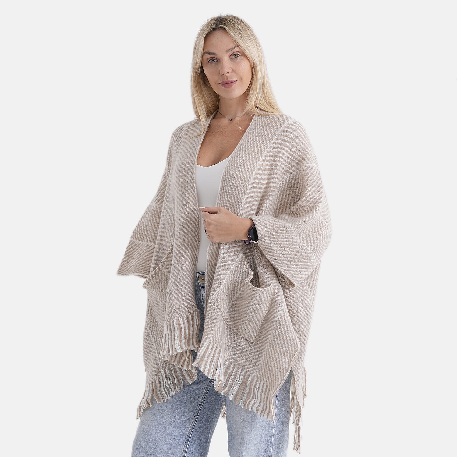 La Marey Relax Fit Tassel Cape (One Size, 8 to 20) - Beige