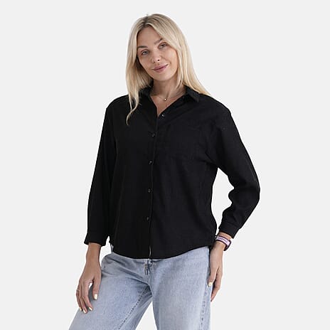 - Maisi Corduroy Solid Color Relaxed Fit Shirt (Size - S) - Black