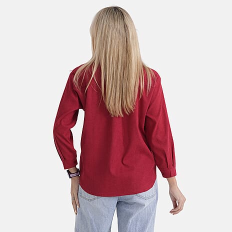 - Maisi Corduroy Solid Color Relaxed Fit Shirt (Size S) - Red