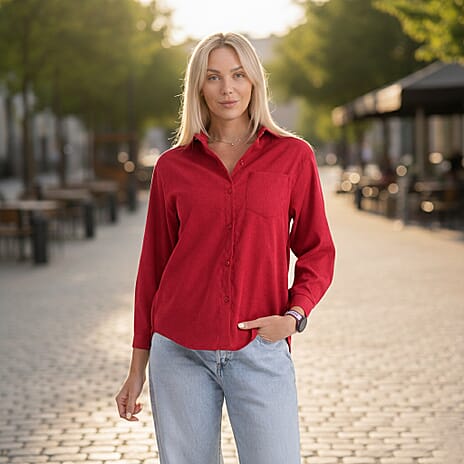 - Maisi Corduroy Solid Color Relaxed Fit Shirt (Size L) - Red