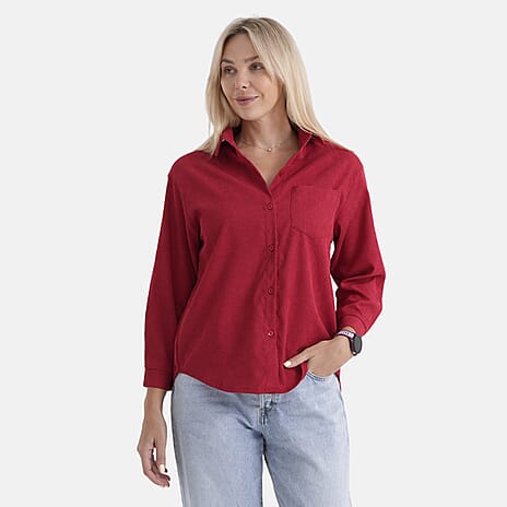 - Maisi Corduroy Solid Color Relaxed Fit Shirt (Size XL) - Red