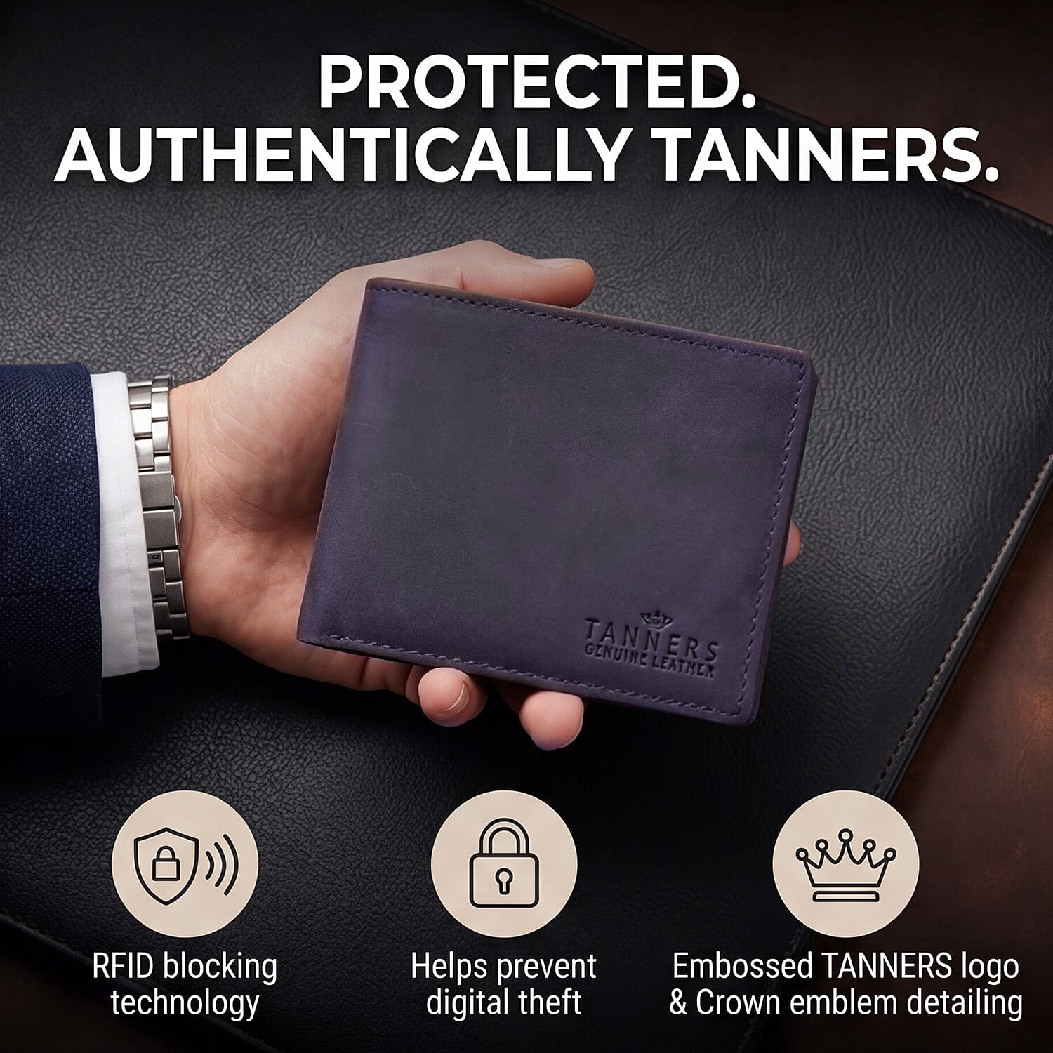 Tanners Genuine Hunter leather Gentlemans Wallet - Navy