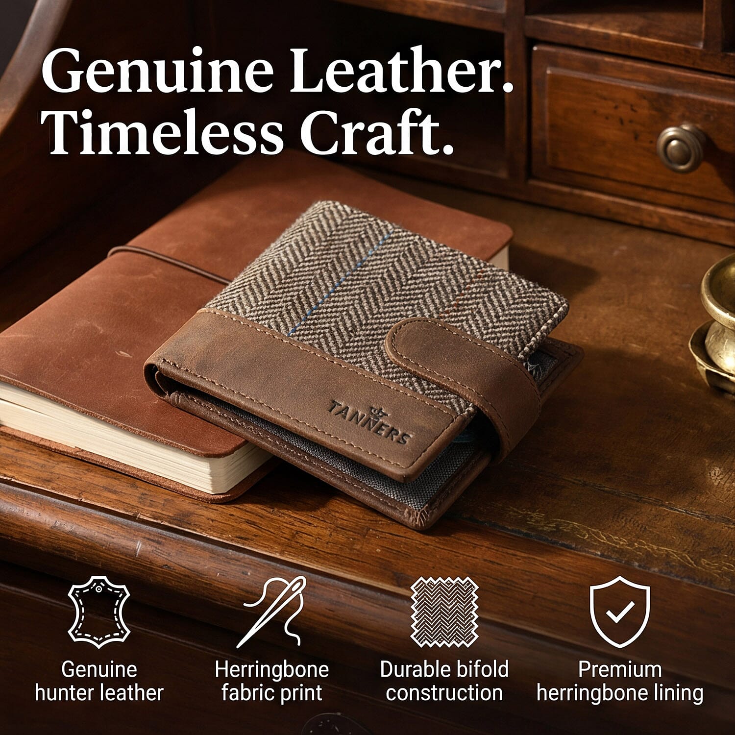 Tanners Genuine Hunter Leather - Wool Gentlemans Wallet - Brown