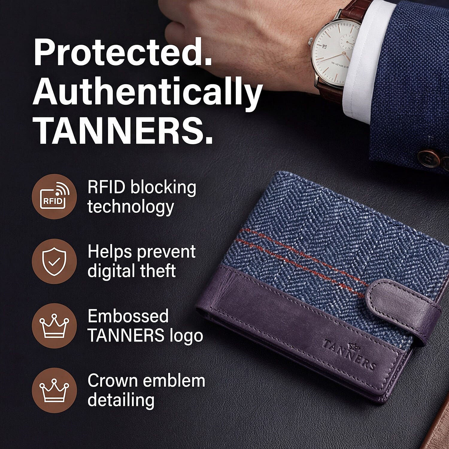 Tanners Genuine Hunter leather - Wool Gentlemans Wallet - Navy Blue