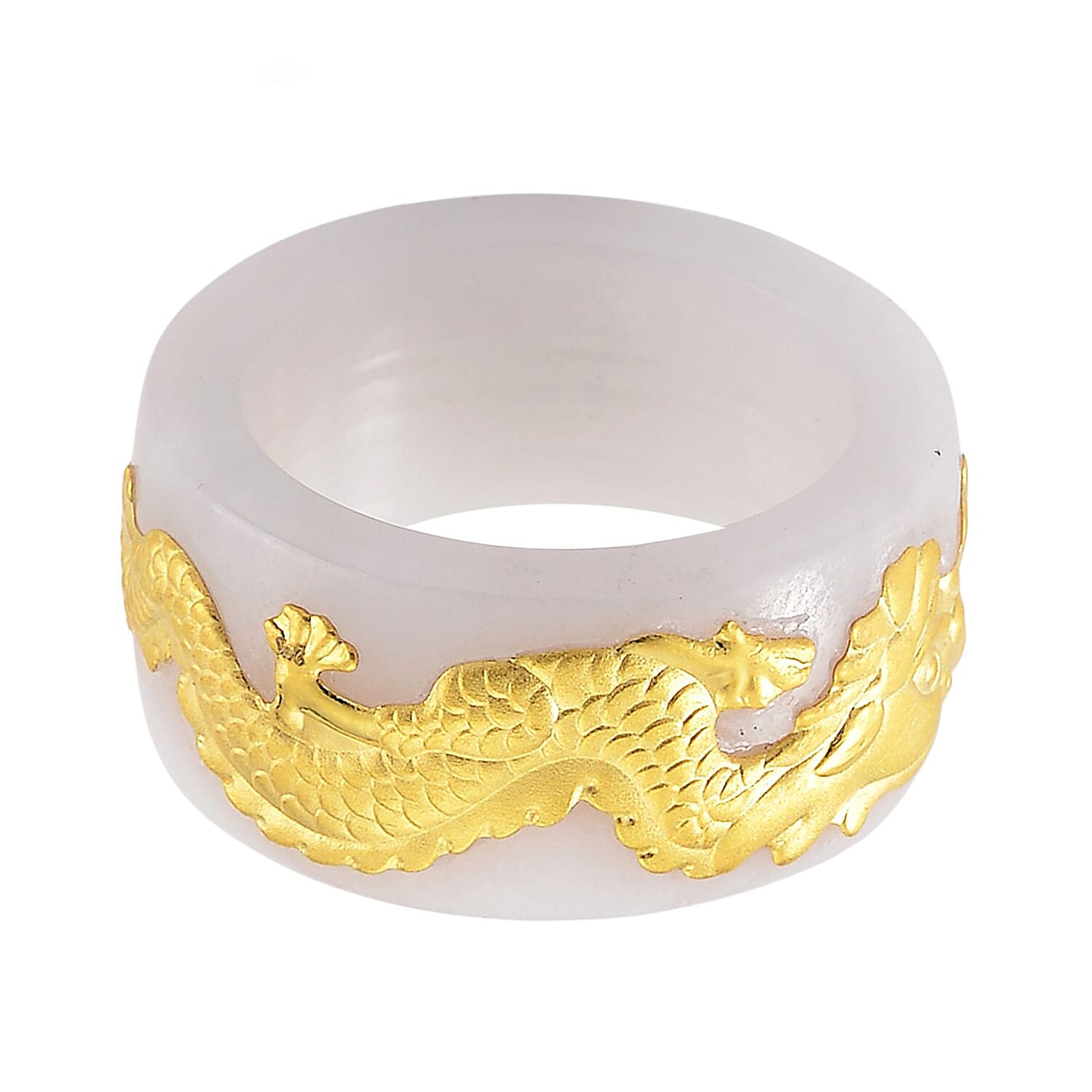 24K Yellow Gold White Jade Drgon Band Ring 35.00 Ct.