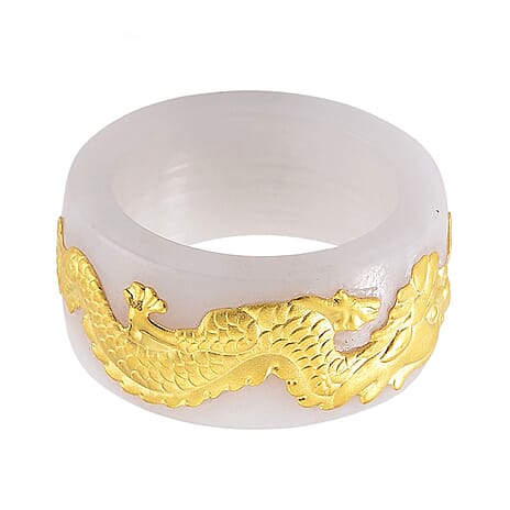 24K Yellow Gold White Jade Drgon Band Ring 35.00 Ct.