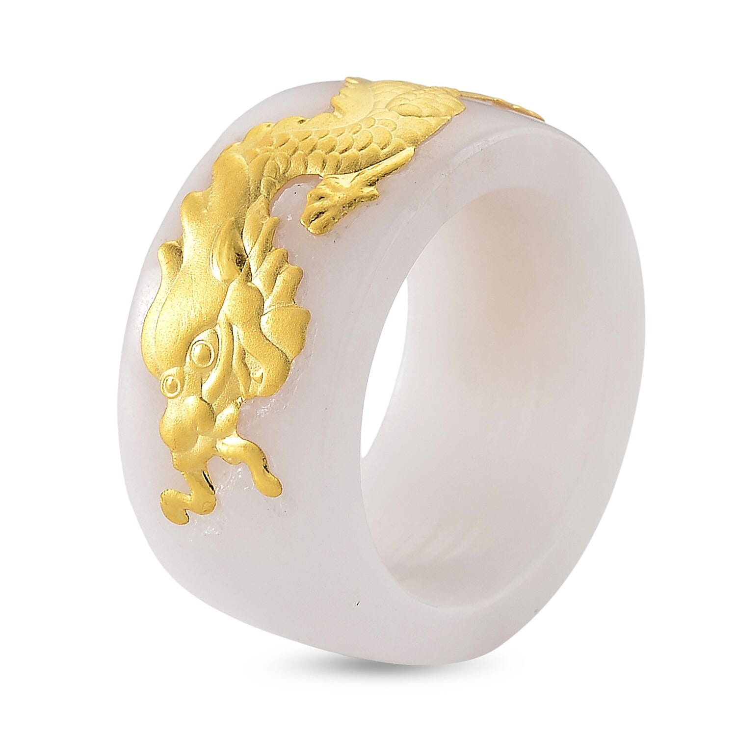 24K Yellow Gold White Jade Drgon Band Ring 35.00 Ct.