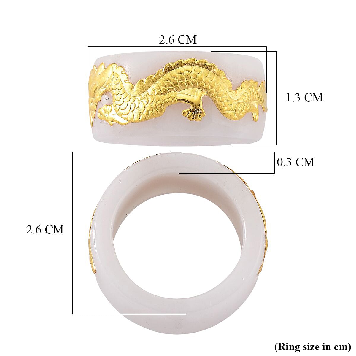 24K Yellow Gold White Jade Drgon Band Ring 35.00 Ct.