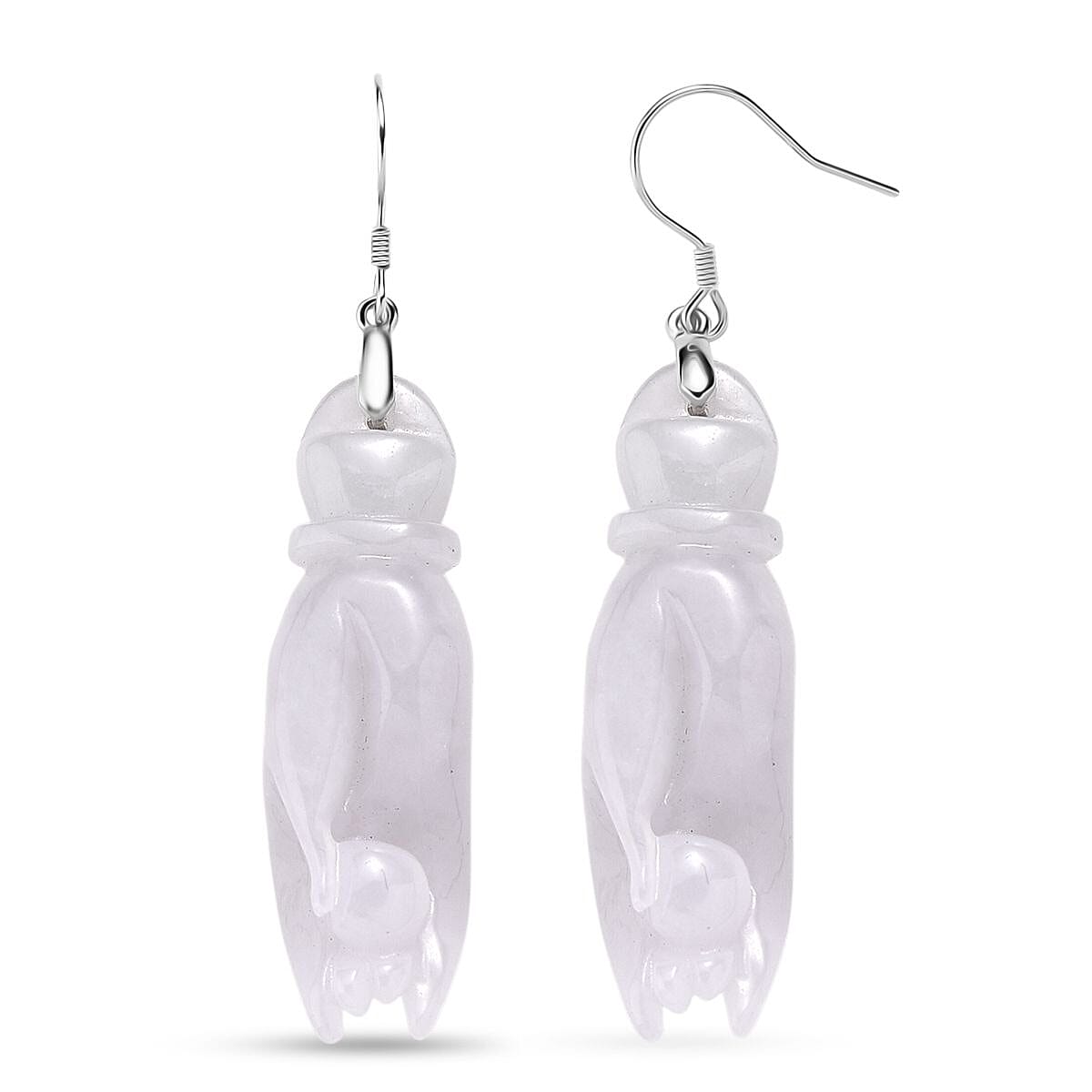 Natural Type A - White Jadeite Jade Buddha Hand Earring in Rhodium Overlay Sterling Silver 75.00 Ct.