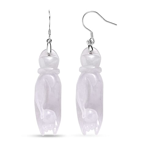 Natural Type A - White Jadeite Jade Buddha Hand Earring in Rhodium Overlay Sterling Silver 75.00 Ct.