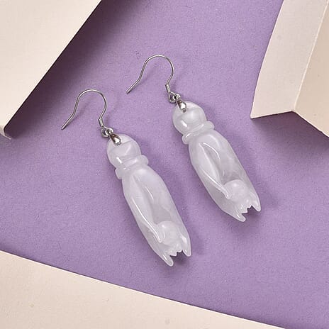 Natural Type A - White Jadeite Jade Buddha Hand Earring in Rhodium Overlay Sterling Silver 75.00 Ct.