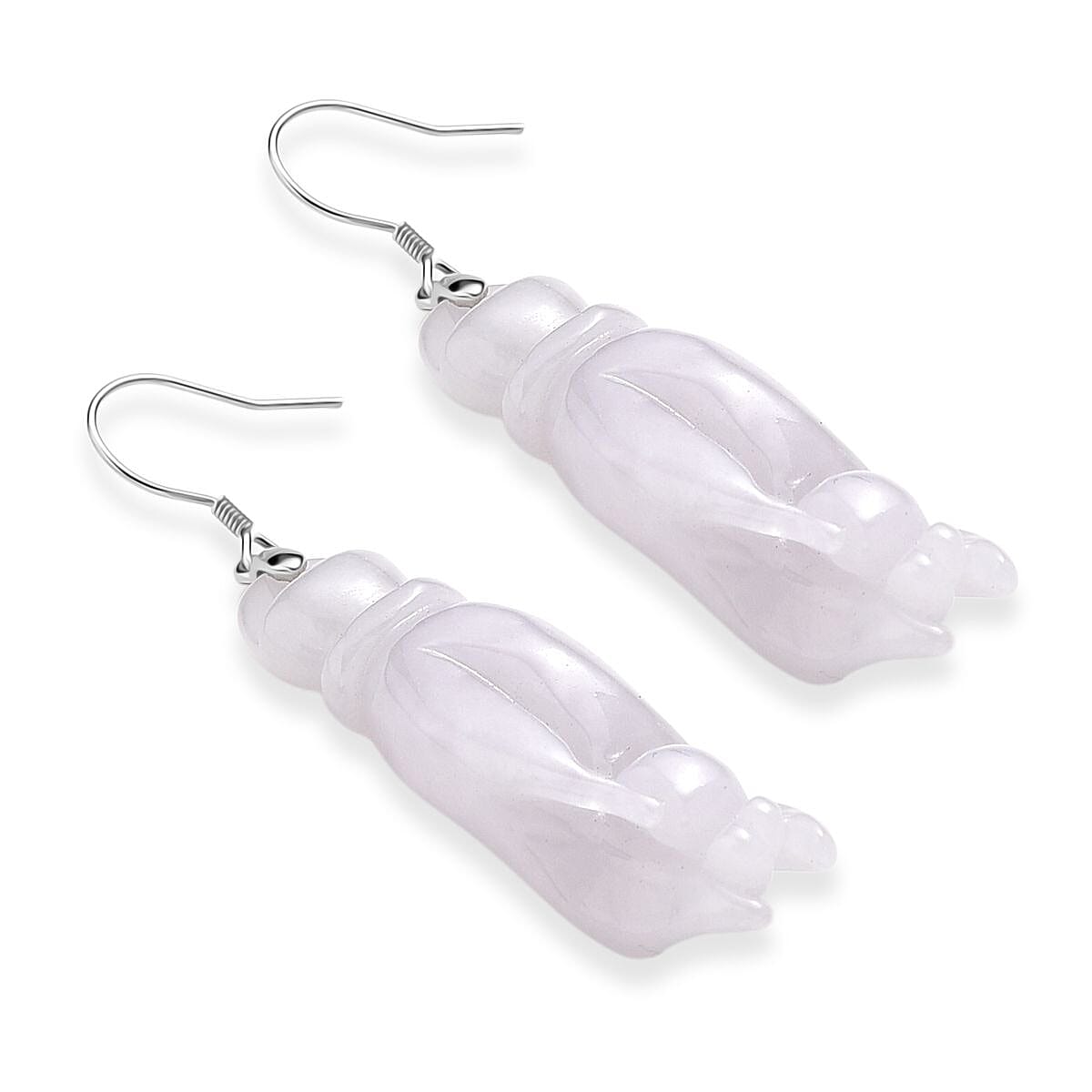 Natural Type A - White Jadeite Jade Buddha Hand Earring in Rhodium Overlay Sterling Silver 75.00 Ct.