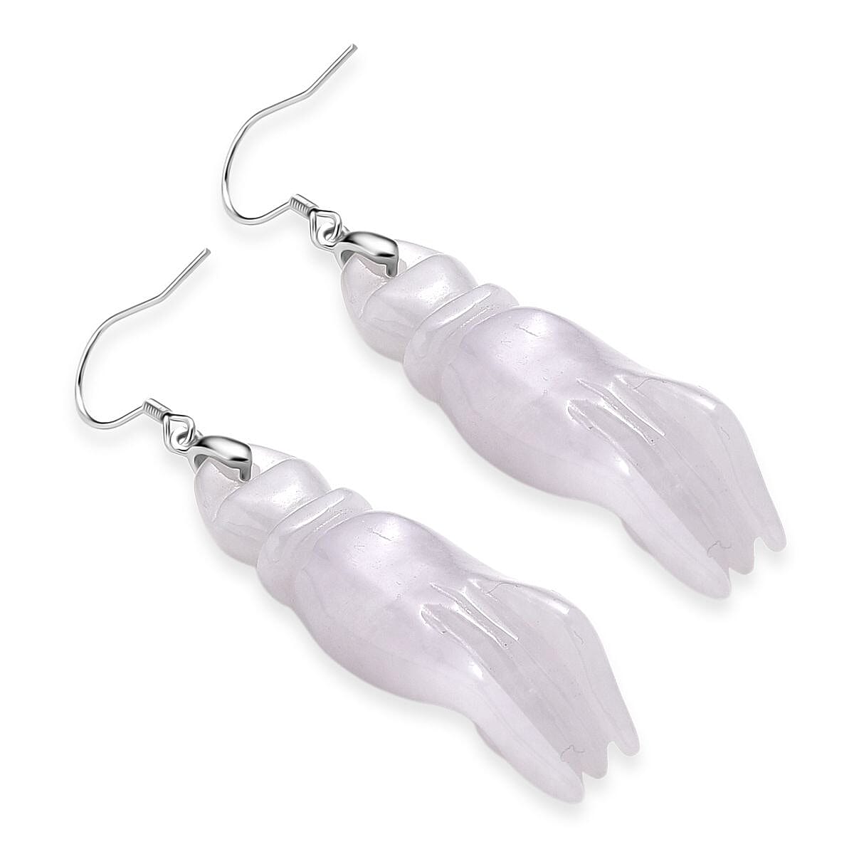 Natural Type A - White Jadeite Jade Buddha Hand Earring in Rhodium Overlay Sterling Silver 75.00 Ct.