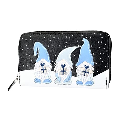 Christmas Gnome Embroidered Zip-Around Wallet - Blue
