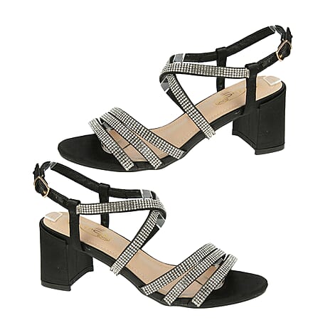Ladies Spot On Diamonte Strappy Block Heels (Size 8) - Black