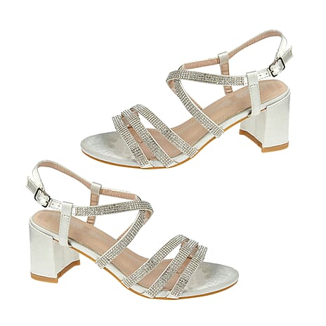 Ladies Spot On Diamonte Strappy Block Heels (Size 6) - Silver