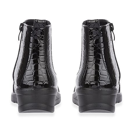 Shoetree Comfort Ladies Gusset Low Wedge Croc Ankle Boot With Inside Zip (Size 8) - Black