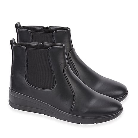 Shoetree Comfort Ladies Gusset Pu Low Wedge Ankle Boot With Inside Zip (Size 5) - Black