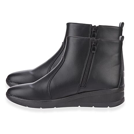 Shoetree Comfort Ladies Gusset Pu Low Wedge Ankle Boot With Inside Zip (Size 8) - Black