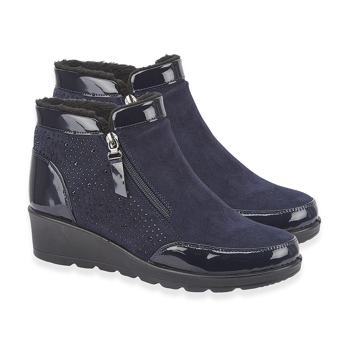 Shoetree Comfort Sadie Ladies Warm Lined Faux Sherpa Wedge Ankle Boot With Twin Zips - Diamante Trim (Size 7) - Navy