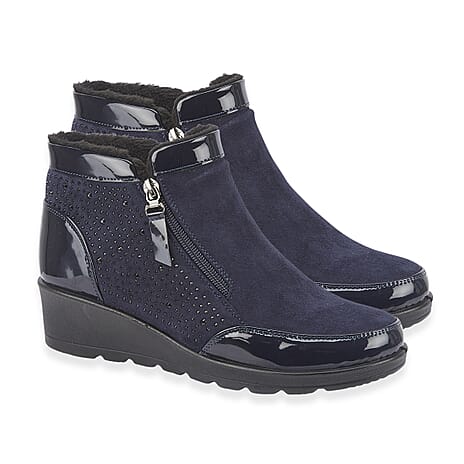 BLACK FRIDAY EXCLUSIVE - Shoetree Comfort Sadie Ladies Warm Lined Faux Sherpa Wedge Ankle Boot With Twin Zips - Diamante Trim (Size 5) - Navy