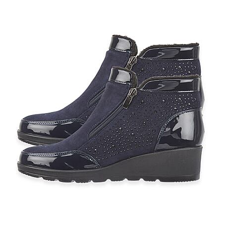 Shoetree Comfort Sadie Ladies Warm Lined Faux Sherpa Wedge Ankle Boot With Twin Zips - Diamante Trim (Size 6) - Navy