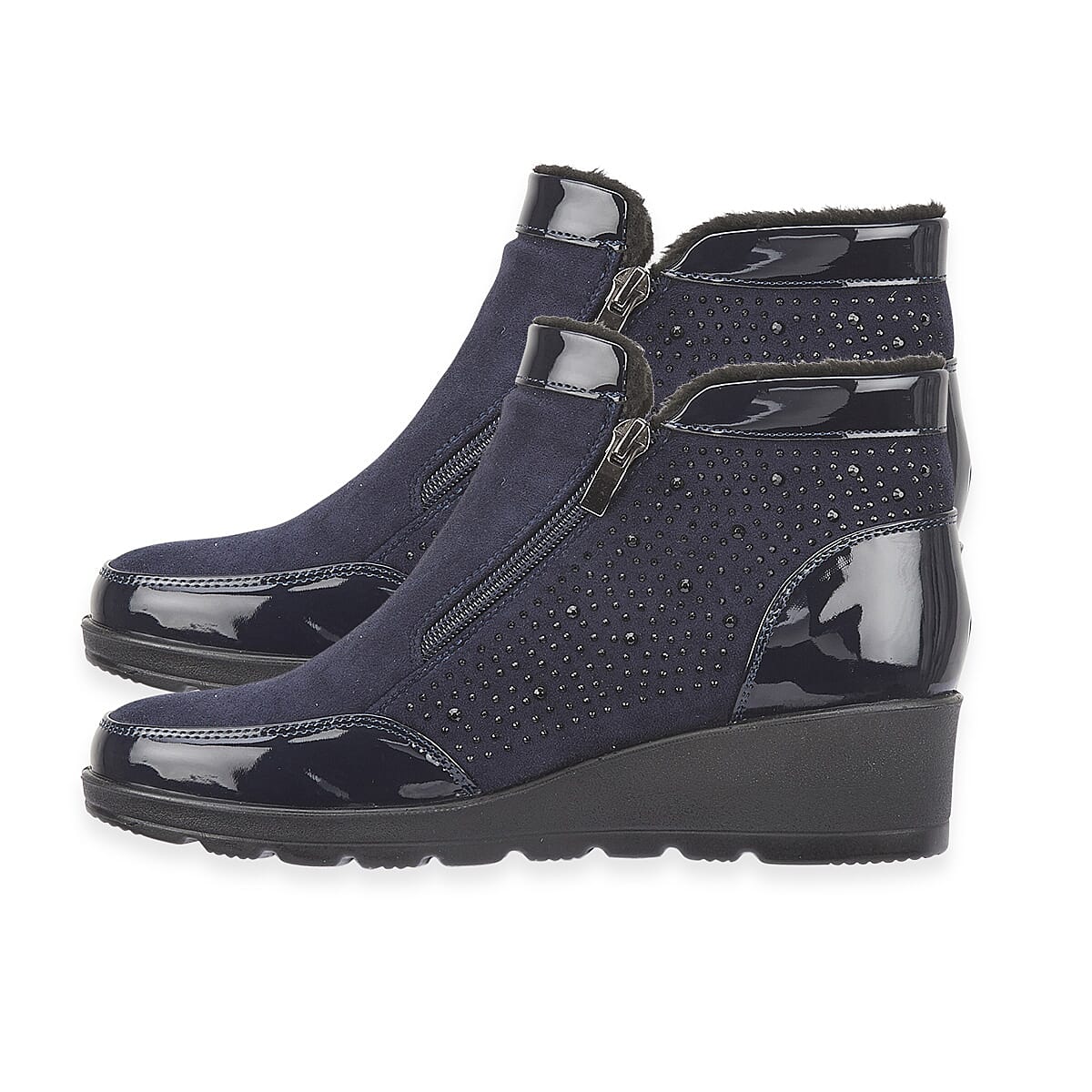 Shoetree Comfort Sadie Ladies Warm Lined Faux Sherpa Wedge Ankle Boot With Twin Zips - Diamante Trim (Size 7) - Navy