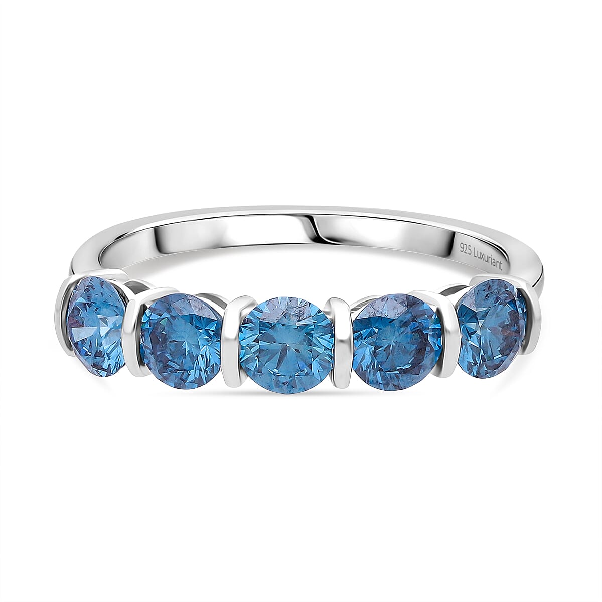 LUXURIANT 2 Ct. Lab Grown Blue Diamond 5 Stone Ring in Rhodium Sterling Silver