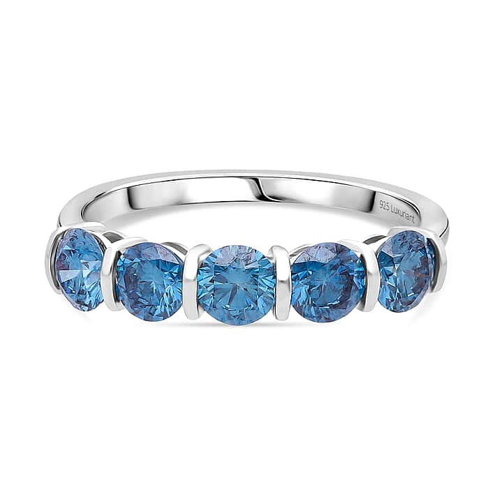 LUXURIANT 2 Ct. Lab Grown Blue Diamond 5 Stone Ring in Rhodium Sterling Silver
