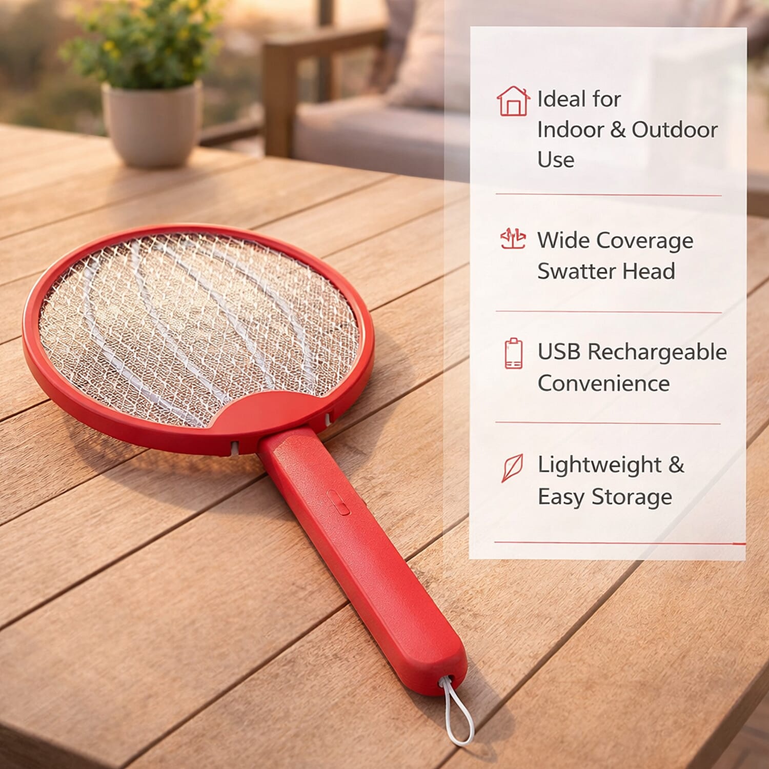 3-in-1 Folding Electric Mosquito Swatter - USB Rechargeable 500mAh, 2-3 Hour Battery (45 X 23 CM) - Red