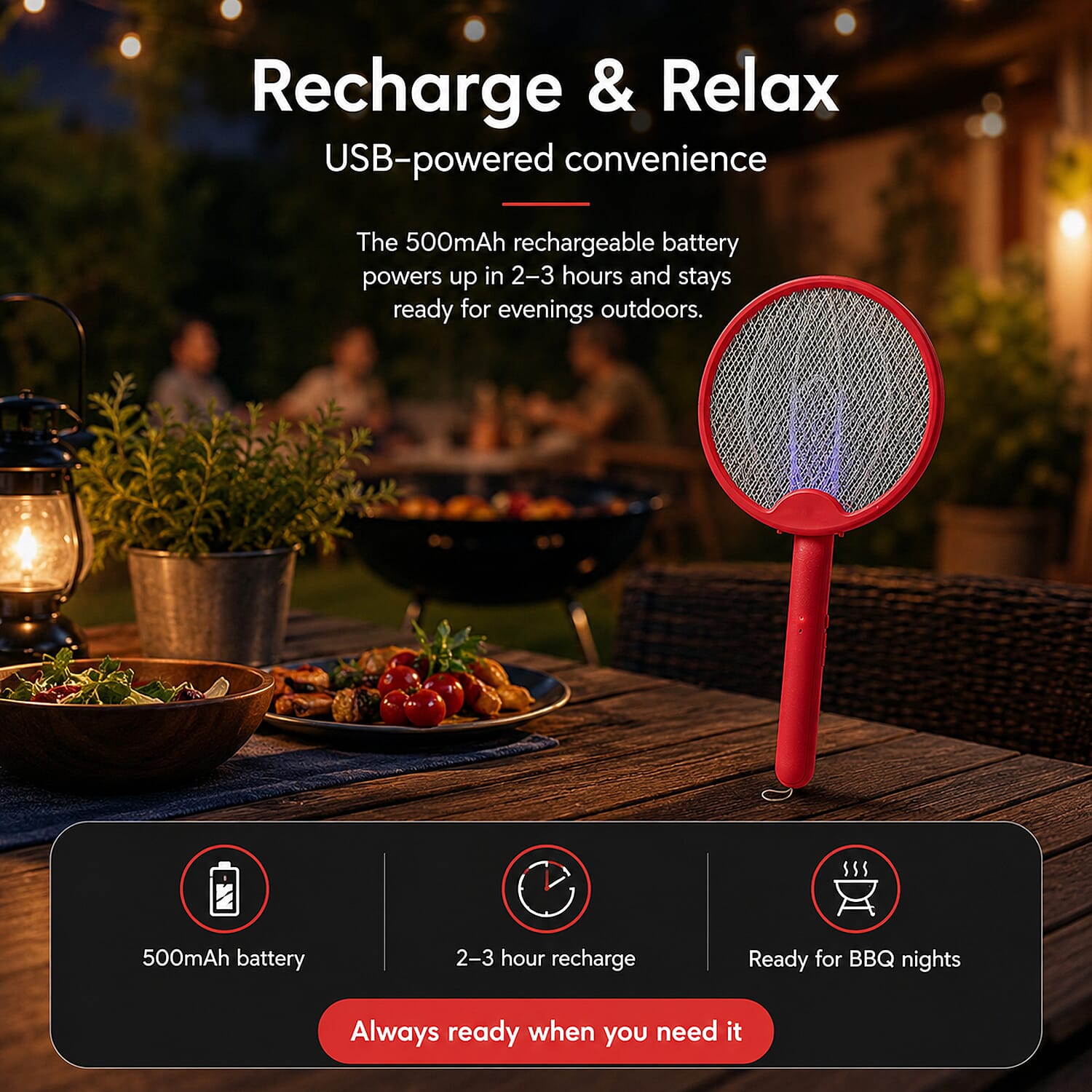 3-in-1 Folding Electric Mosquito Swatter - USB Rechargeable 500mAh, 2-3 Hour Battery (45 X 23 CM) - Red