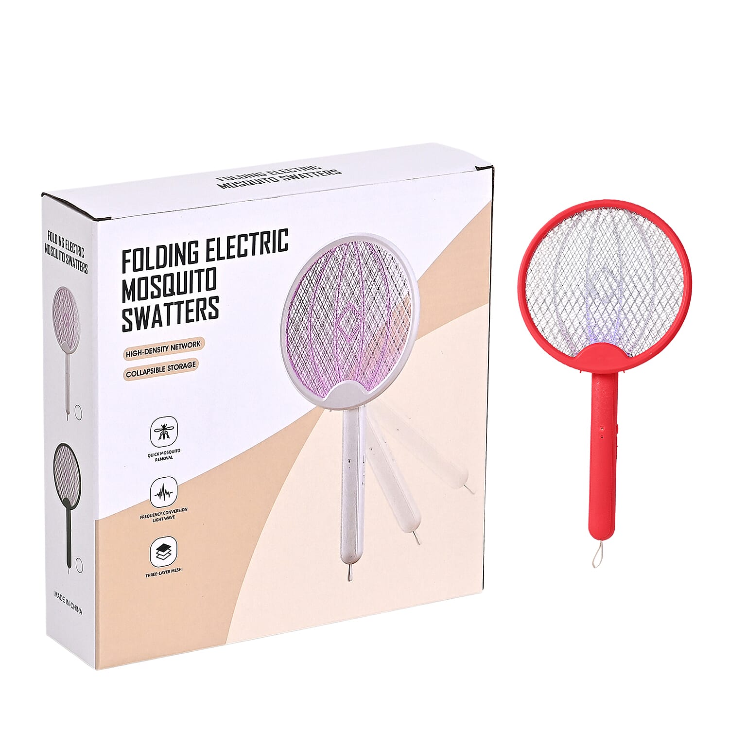 3-in-1 Folding Electric Mosquito Swatter - USB Rechargeable 500mAh, 2-3 Hour Battery (45 X 23 CM) - Red