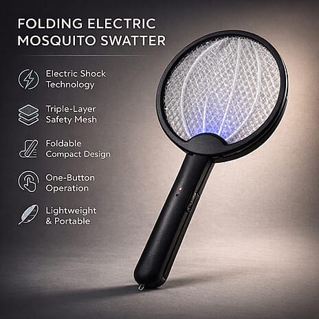3-in-1 Folding Electric Mosquito Swatter - USB Rechargeable 500mAh, 2-3 Hour Battery (45 X 23 CM) - Black