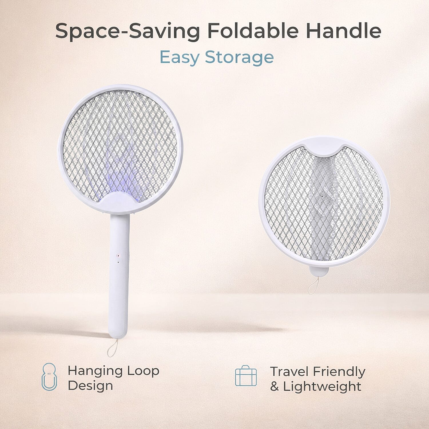 3-in-1 Folding Electric Mosquito Swatter - USB Rechargeable 500mAh, 2-3 Hour Battery (45 X 23 CM) - White