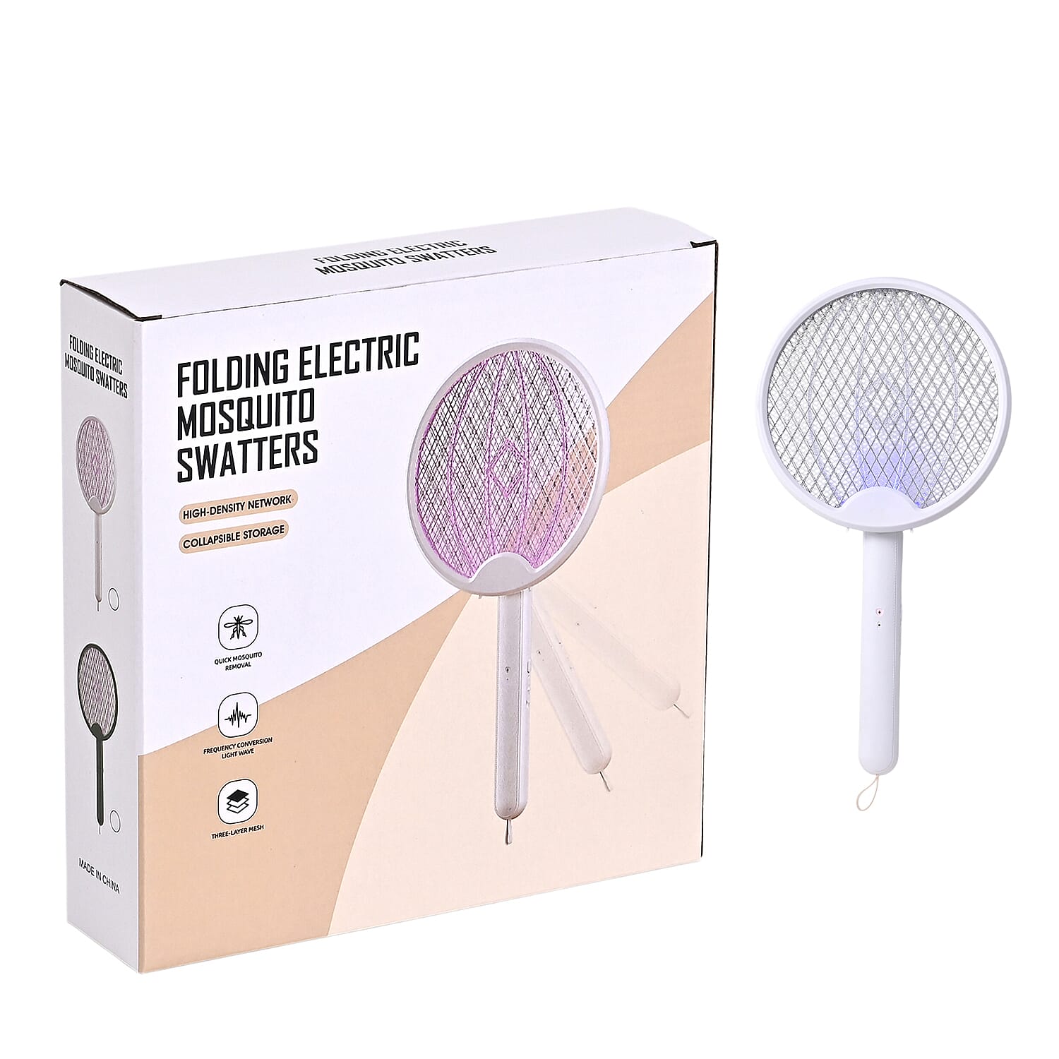 3-in-1 Folding Electric Mosquito Swatter - USB Rechargeable 500mAh, 2-3 Hour Battery (45 X 23 CM) - White