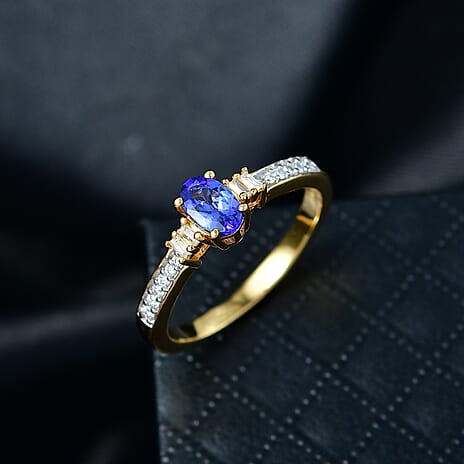 D'Joy - Tanzanite & Moissanite 3 Stone Ring in Yellow Gold Plated Sterling Silver 0.65 Ct.