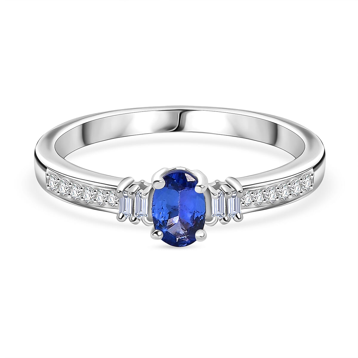 Tanzanite, Moissanite Main Stone With Side Stone Ring in Platinum OverlaySterling Silver  0.649  Ct.