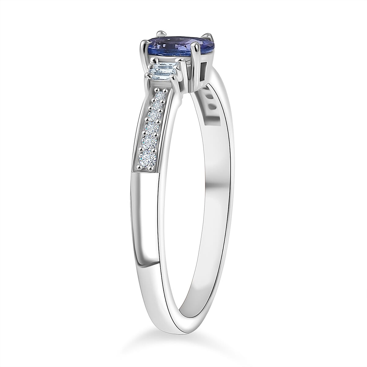 D'Joy - Tanzanite & Moissanite 3 Stone Ring in Platinum Overlay Sterling Silver 0.65 Ct.