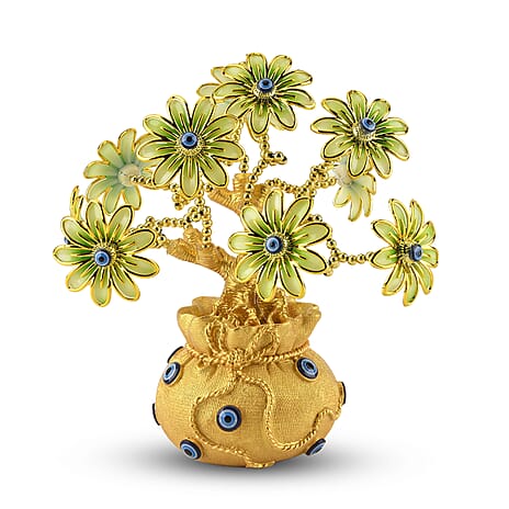 Resin Deco Evil Eye Bonsai Tree - Golden Yellow Pot with Light Green Flowers (20 x 9cm)