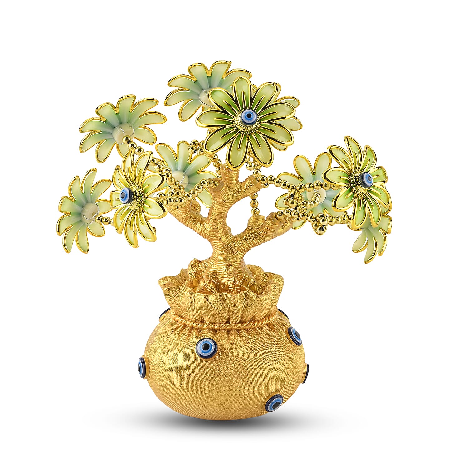 Resin Deco Evil Eye Bonsai Tree - Golden Yellow Pot with Light Green Flowers (20 x 9cm)
