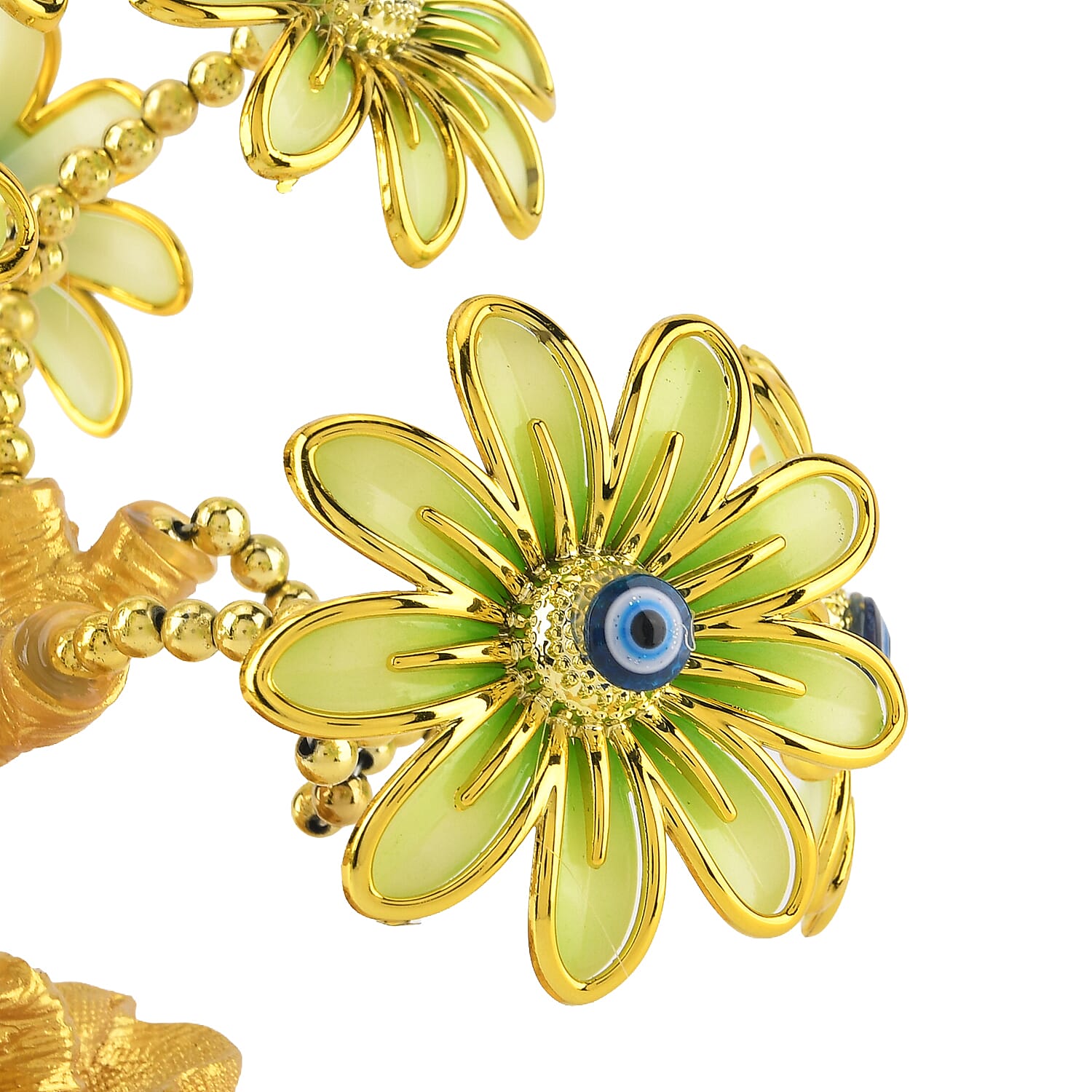 Resin Deco Evil Eye Bonsai Tree - Golden Yellow Pot with Light Green Flowers (20 x 9cm)