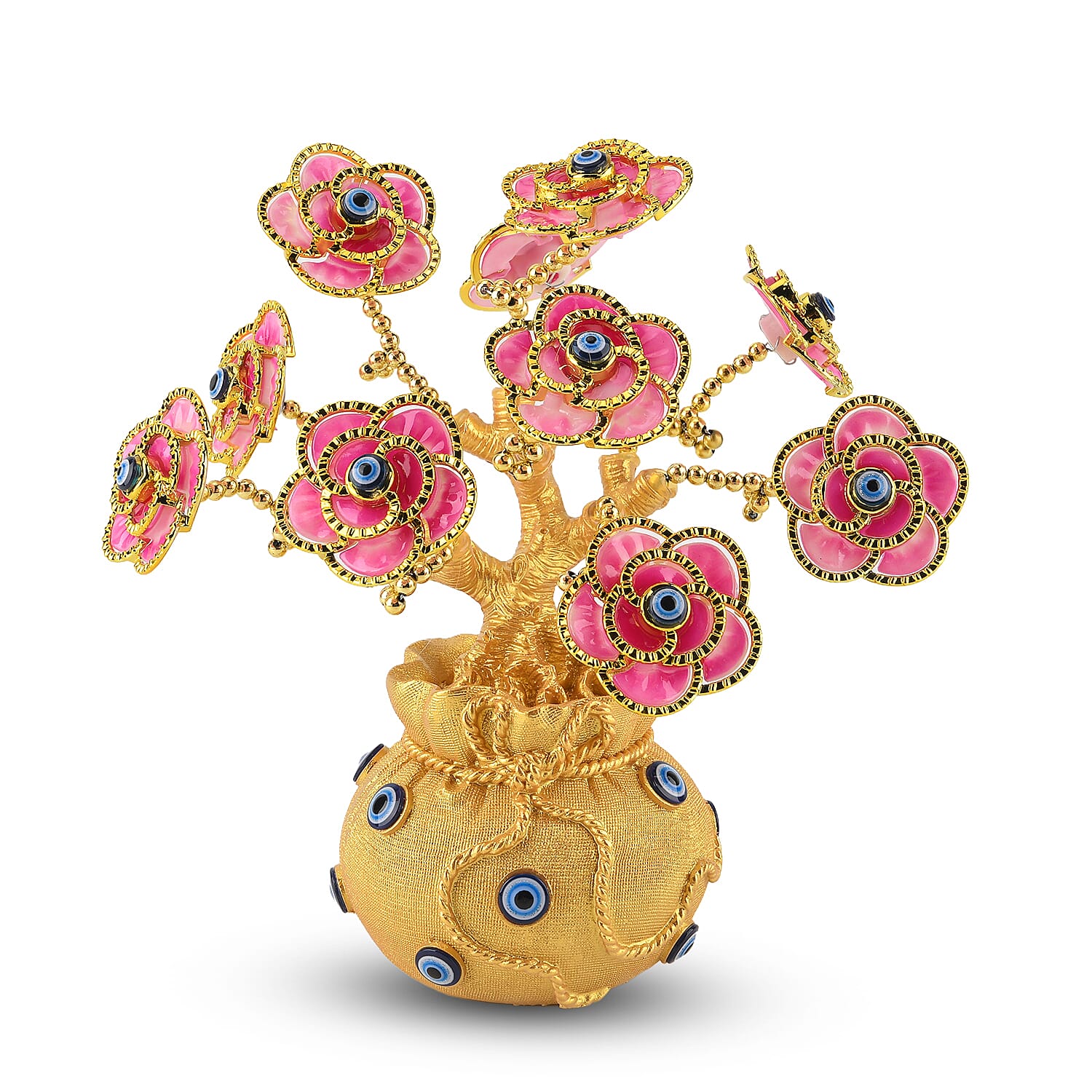 Resin Deco Evil Eye Bonsai Tree - Golden Yellow Pot with Pink Flowers (20 x 9cm)